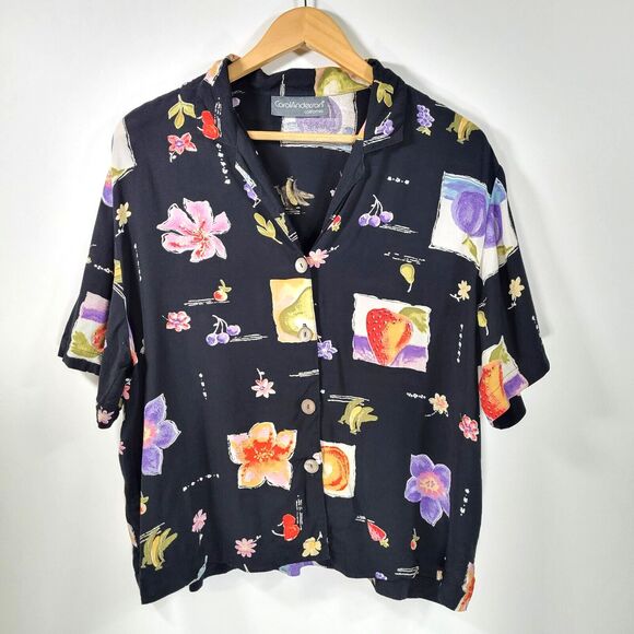 Carol Anderson Tops - CAROL ANDERSON Fruit and Floral Print Cropped Button Up Size XL Rayon Black